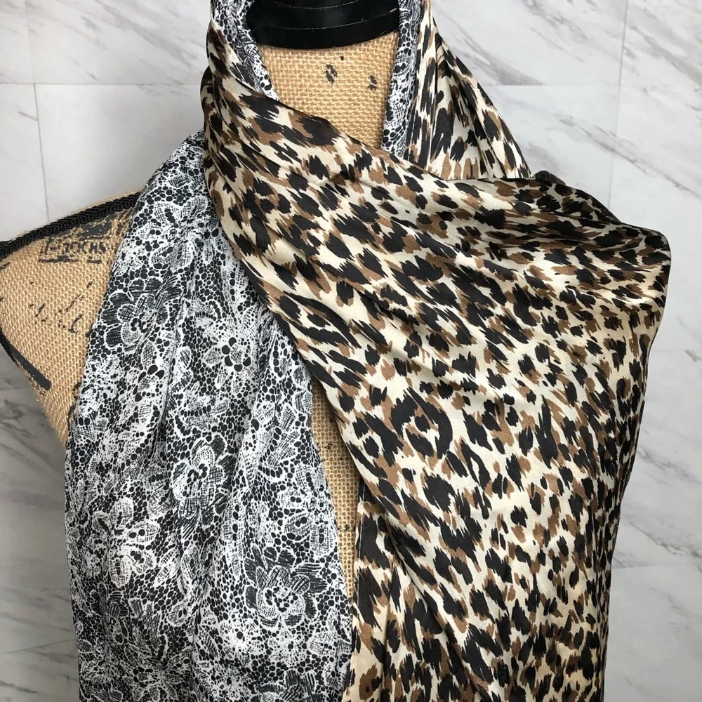Bundle of Two Printed Wrap Scarves 1 Leopard & 1 Floral Lace Polyester 17.5”x70”